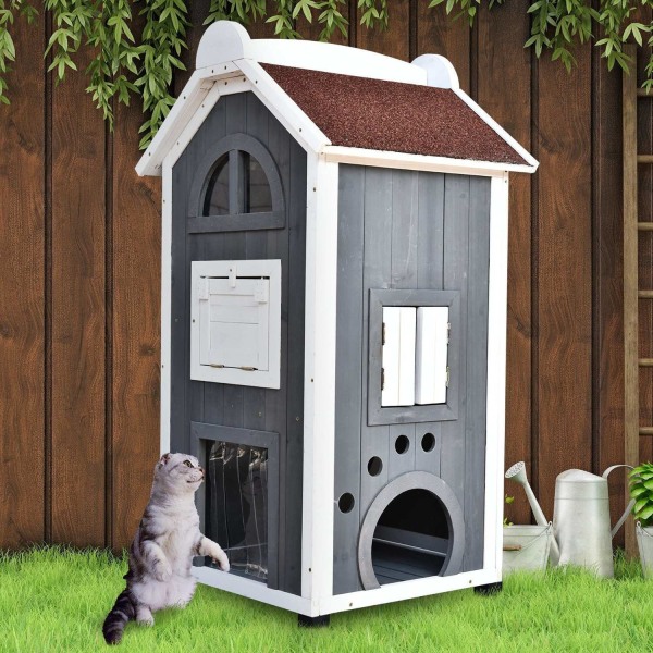 Rootz Cat House - harmaa, valkoinen - kuusipuu, asfaltti - 23,22 cm x 21,65 cm x 42,91 cm