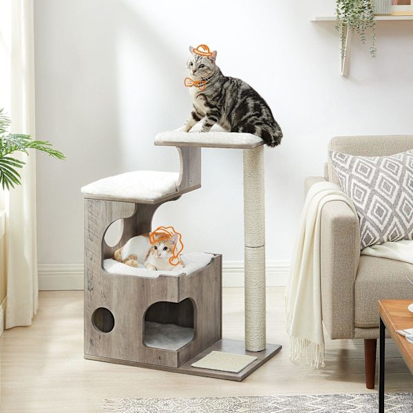 FEANDREA kattskrapstolpe - Katttorn - Kitty Condo - Mysig grotta - Sisallindad stam - Plyschkuddar - Skrapmatta - Greige Vit - MDF - 66cm x 40cm x 86c