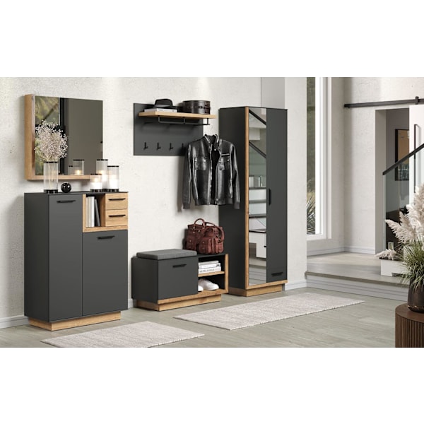 Rootz Coat Rack Bench - Entryway Seat - Shoe Storage - Hallway Organizer - Furniture - Cloakroom Solution - Anthracite with Coast Evoke Oak - 90x48x40