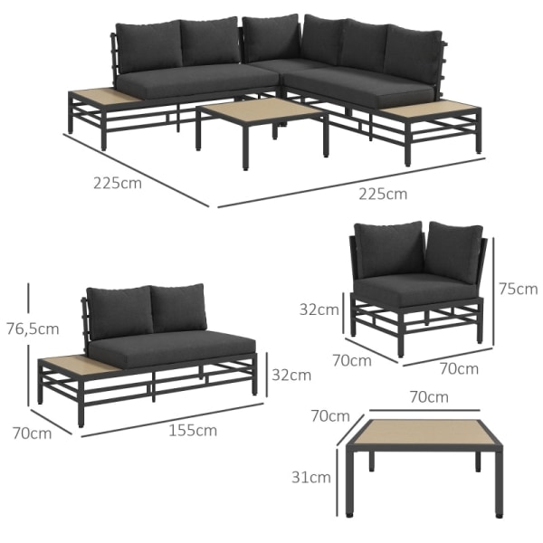 Rootz Garden Lounge Set - Utemöbler - Uteplats Set - Rostbeständig - Maximal komfort - Elegant soffbord - Loveseat: 155L x 70W x 76,5H cm, Hörnsoffa: