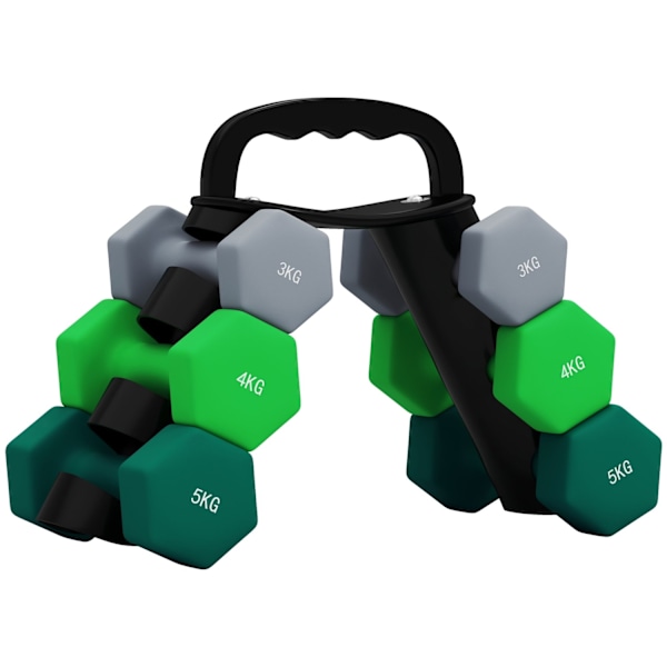 Rootz hanteluppsättning med rack - vikter - fitnessutrustning - hexagonal design - rymdbesparande - 3 kg till 5 kg - hantel 18x8x8cm, rack 42x10x30cm