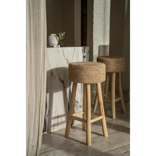 Rootz Raffia Barpall - Grensits i teak - Handvävd Raffia stol - Hållbar komfort - 35cm x 35cm x 75cm