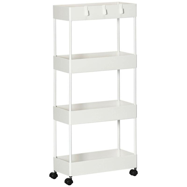Rootz Køkkenvogn - Serveringsvogn - Køkkenvogn - Med 4 hylder - 3 fleksible kroge - 4 hjul - Hvid - 40cm x 19cm x 90cm