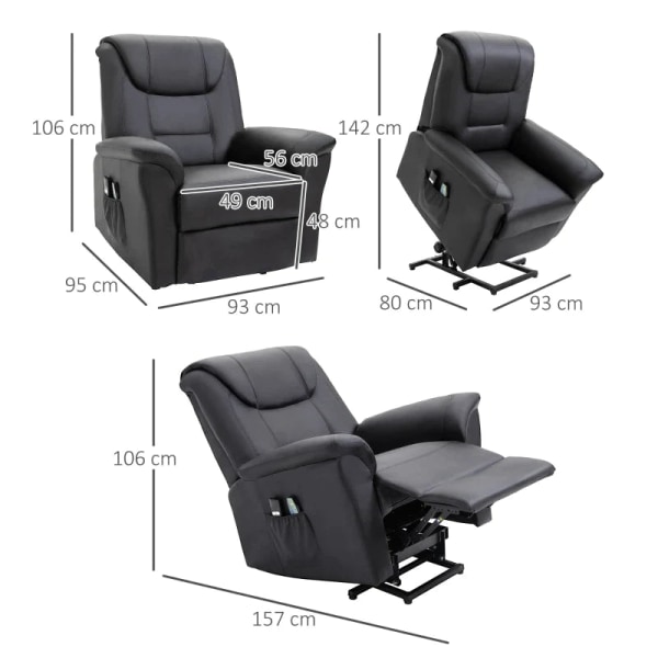 Rootz Massagestol - Stand-up Aid - Elektrisk biografstol - 8 Vibrationspunkter - Varmefunktion - Fodstøtte - Kunstlæder - Sort - 93L x 95W x 106H cm