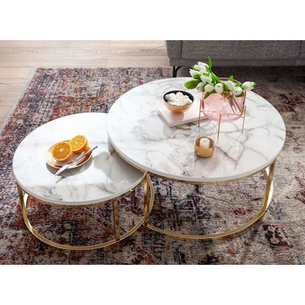 Rootz Sæt med 2 hvidguld Marmorlook Sofabord Rundt Moderne - Sofaborde 2-delt metal - Runde stueborde - Design indskudsborde