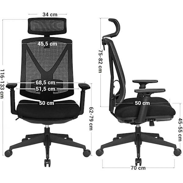 Rootz Kontorsstol - Vridstol - Nackstöd - Justerbar höjd - Vippfunktion - Svankstöd - Ergonomiskt - Svart - Plast - Mesh - 68,5 x 70 x (116-133) cm