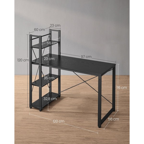 Rootz Ebony Black Skrivebord - Studiebord - Arbejdsstation - Spånplade og stål - Rummelig - Robust - Nem montering - 56cm x 120cm x 120cm