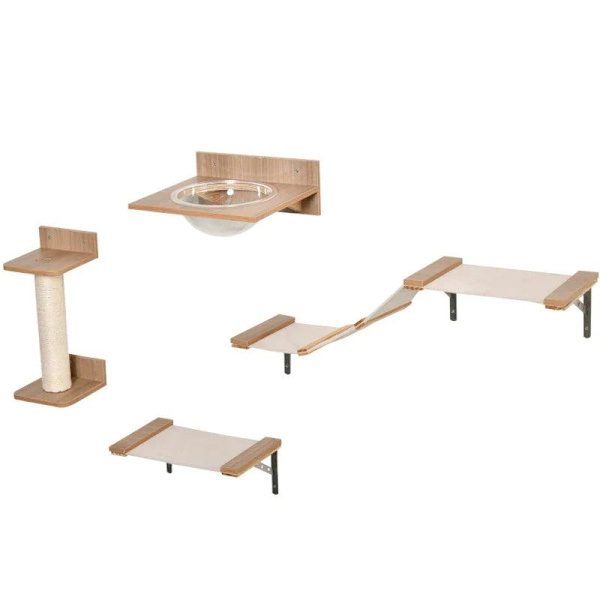 Rootz klatrevæg til katte - Katteklatrevæg med kradsestolpe - Kattetrappe - Kattemøbler Hængekøje - Sisal Akryl Fyr - Lysebrun - 100L x 25,5W x 17,5H