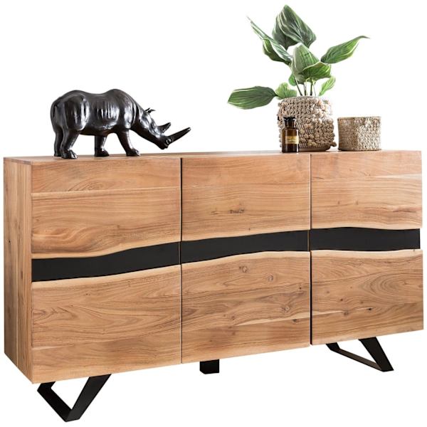 Rootz skænk 148 x 85 x 43 cm massiv træ akacie skænk i naturtrækant - Highboard i landlig stil med 3 døre - Kommode i entre