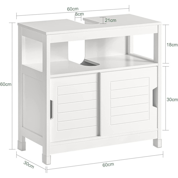 Rootz White Under vask Badeværelses opbevaringsskab med hylde og dobbelt skydedør - 60x30x60cm