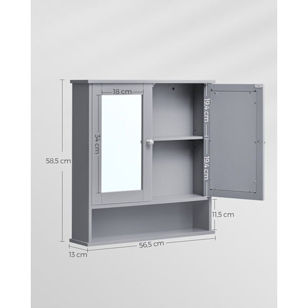 Rootz Dove Grey Spejlskab - Badeværelsesopbevaring - Vægmonteret organisering - MDF-konstruktion - Rummeligt interiør - Nem montering - 13 cm x 56,5 c