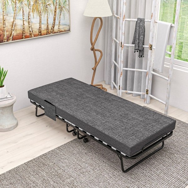 Rootz hopfällbar gästsäng - Campingsäng - Bärbar sovplats - Madrass med linnelook - Stålram - 190cm x 80cm x 42cm