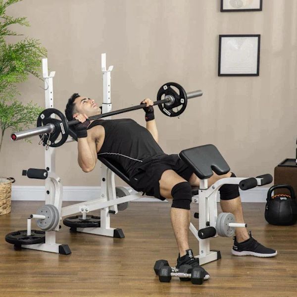 Rootz Viktbänk med viktställ - Bröstpress - Benpress - Armstöd för Bicep Curls - Stål - Svartvitt - 180L x 134W x 113-136H cm