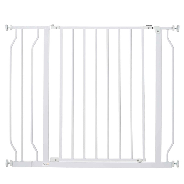 Rootz Dog Gate - Barriere - Tovejs åbning - Vægmontering - Snaps - Nem installation - Justerbar - Robust stålramme - Hvid - 73L x 76H cm