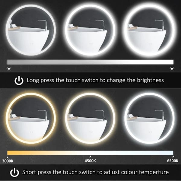 Rootz LED Badeværelsesspejl - Rundt - Touch Funktion - Hukommelsesfunktion - Ingen dug - Aluminiumsramme - Hvid+Sølv - 60 x 60 cm