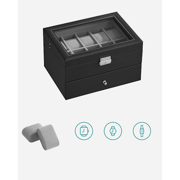 Rootz urboks - Elegant urkasse til 20 ure - Uropbevaringsboks - Luksusurorganisering - Rejseurkasse - Urkasse med flere spor - Sort + Grå - 28,5 x 20,