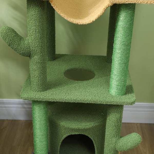 Rootz Cactus Skrapstolpe - Kattträd - Cat Condo - Justerbar höjd - Mysiga hängmattor - Plysch Cat Cave - Golv till tak - Grön/Brun - 60cm x 48cm x 225