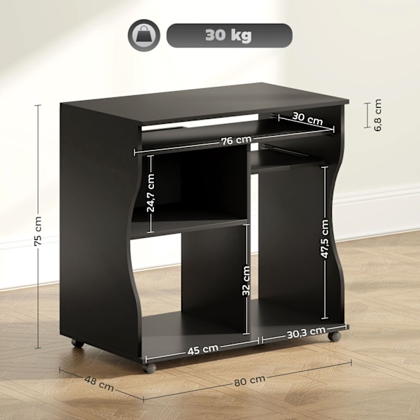 Rootz Rollbar computertabel - skrivebord med opbevaring - mobil arbejdsstation - rigelig opbevaringsplads - 80 x 48 x 75 cm, sort
