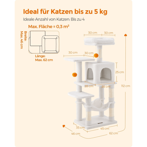 Rootz Cat Skrapstolpe - Krämvit kattträd - Kattklättertorn - Spånskiva Plysch Sisal - 45cm x 35cm x 112cm - Robust konstruktion - Flera katter - Enkel