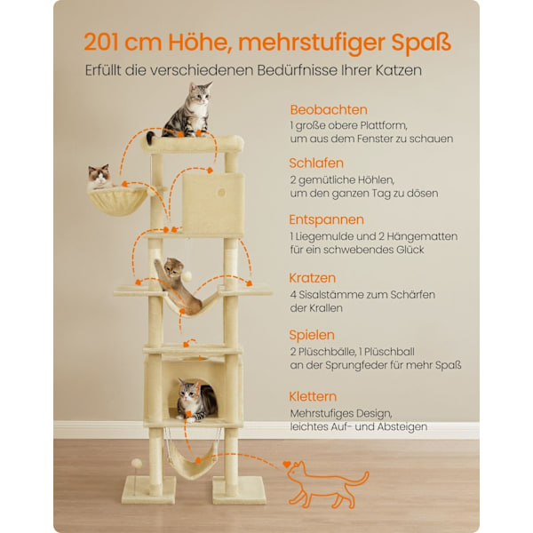Rootz Large Cat Tree - Cat Scratching Post - Plush Pet Tower - 201 cm højt med platform - brun - 78 cm x 48 cm x 201 cm