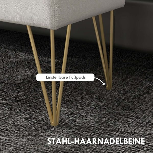Rootz Sengebænk med opbevaringsplads - Soveværelsesbænk - Ottoman - Cremestof - Guld hårnåleben - 100 cm x 40 cm x 49 cm