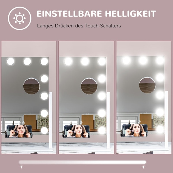 Rootz LED Makeup Spejl - Hollywood Vanity Mirror - Toiletbordsspejl - 12 LED-lamper - Justerbar lysstyrke - Mobiltelefonholder - USB-port - 36,5 cm x