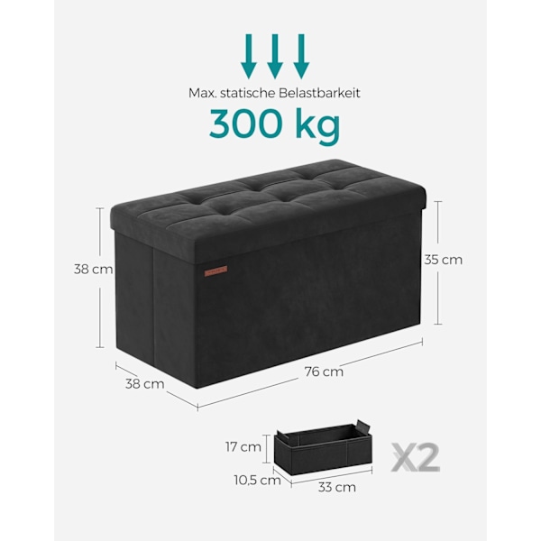 Rootz Velvet sædekiste - Opbevaring Ottoman - Polstret bænk - MDF konstruktion - 38cm x 76cm x 38cm - Blæk sort - 89L Kapacitet