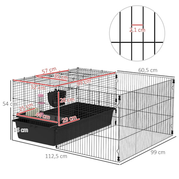 Rootz PawHut pieneläinhäkki - Marsun elinympäristö - Lemmikkieläinkotelo - Mukautuva muotoilu - Täydelliset tarvikkeet - Helppo pääsy - 112,5 cm x 99