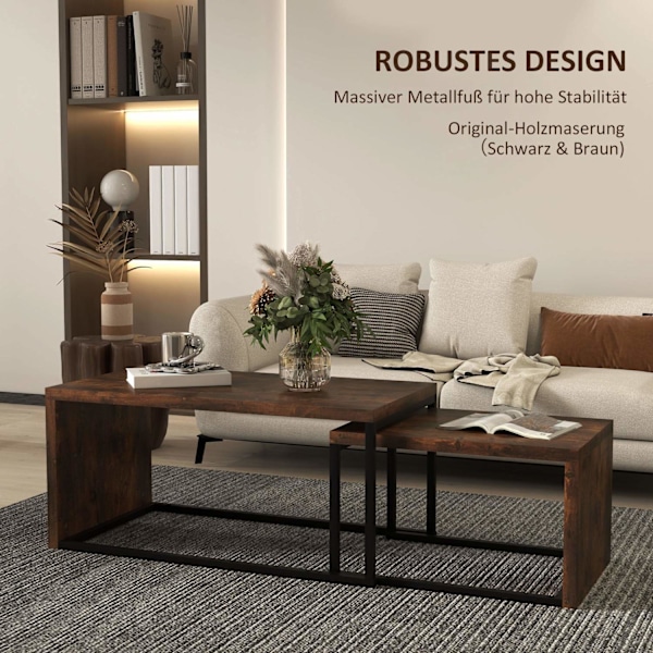 Rootz -uppsättning av 2 soffbord - soffbord - sidobord - Modern stil - MDF & metall - 90 x 48 x 42 cm / 59 x 42 x 36 cm - svart + brun