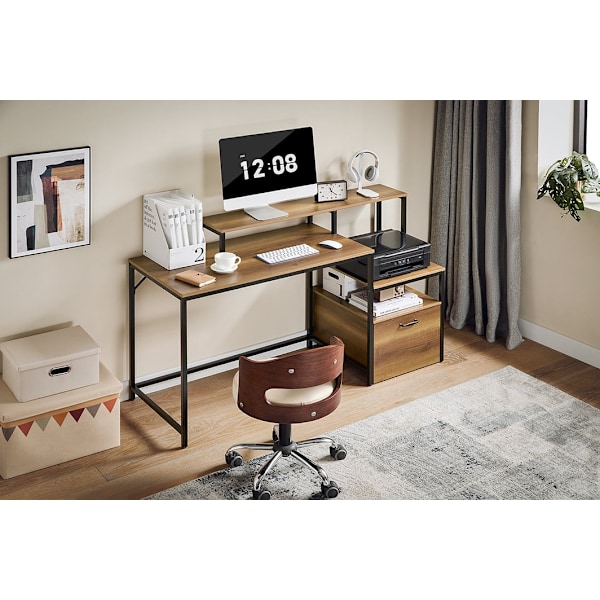 Rootz Desk Study Table - WorkStation - Office Desk - runsaasti tallennustilaa - 143x90x50cm - metallikehys - ruskea musta maalattu