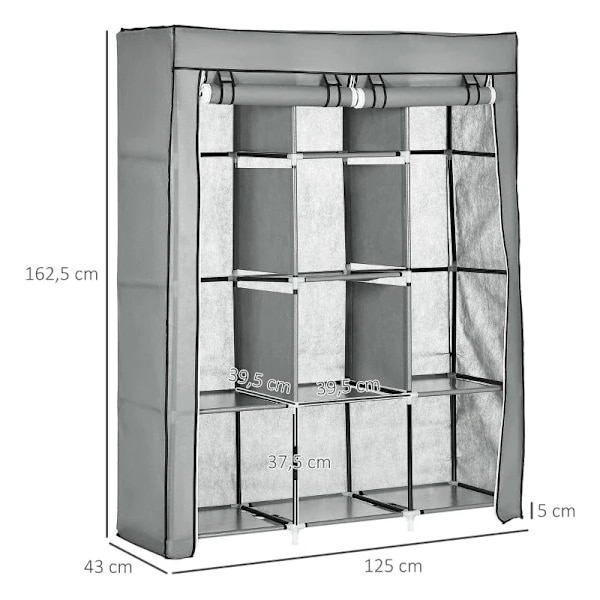 Rootz Förvaringsskåp - Tygskåp - Fibertyg - Tvättstuga - Förvaringslösning - 8 hyllor - 2 kläder - Skenor - Plast - Ljusgrå - 125L x 43W x 162,5H cm