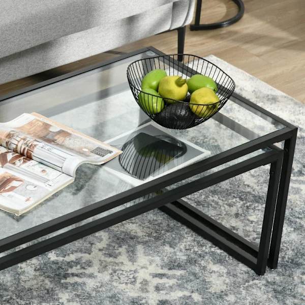 Rootz Soffbord - Glasbord - Två soffbord - Pulverlackerat stål - Rum Livsstilar - Härdat glas - Svart + Transparent - 119L x 56W x 44,5H cm