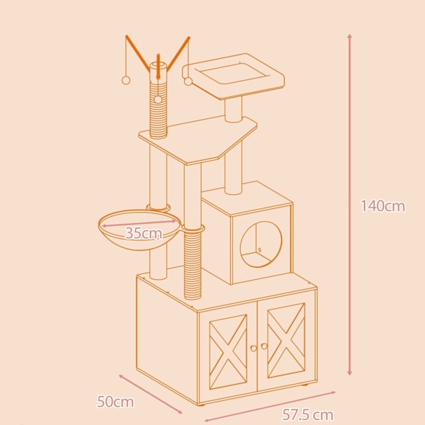 Rootz 2 -i -1 Cat Scratching Tree - Lull Box Cabinet - Cat Tower - Space Saving - 57,5 ​​x 50 x 151 cm
