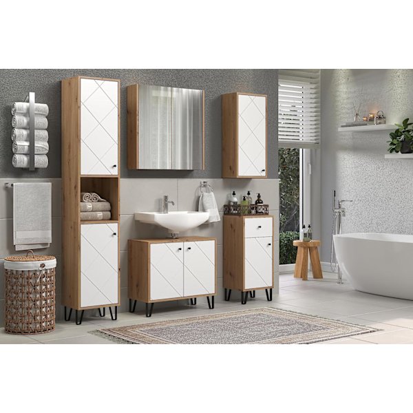 Rootz Tall Bathroom Cabinet - Storage Unit - Washroom Organizer - Bath Furniture - Towel Stand - Shelving System - White Matt Lacquer with Artisan Oak