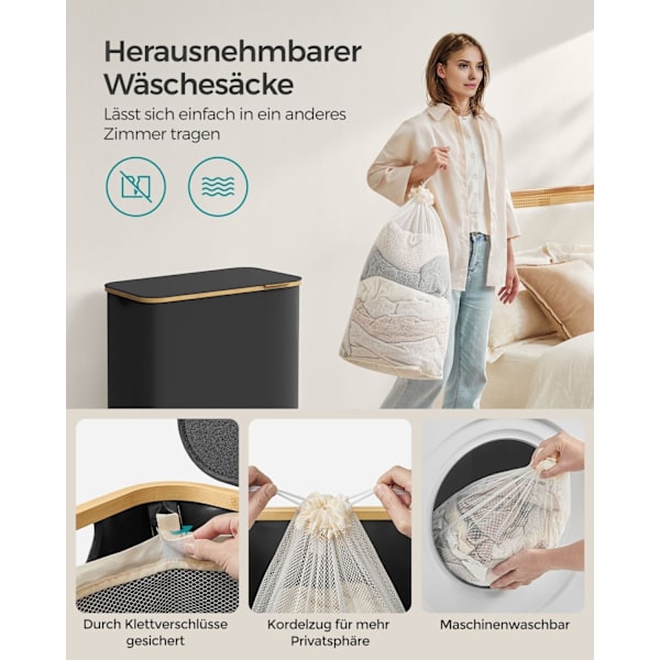 Rootz Bärbar hopfällbar tvättkorg - Korg - Hopfällbar förvaringsfack - 600D Oxford-tyg - Bambu - Lätt - Kompakt - 60 cm x 38,5 cm x 70,5 cm