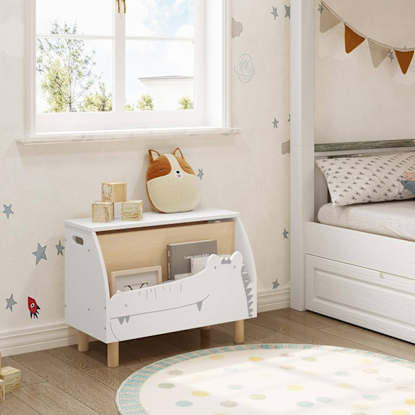 Rootz White Crocodile Toy Box - Förvaringsbänk - Organisering för barn - Säker med långsamt stängande lock - Slitstark MDF-konstruktion - Mångsidig me