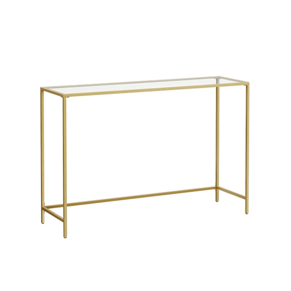 Rootz guldfärgat transparent glaskonsolbord - Stålstomme - Entrébord - Soffbord - Robust konstruktion - Enkel montering - 35cm x 120cm x 80cm