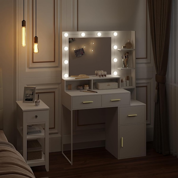 Rootz-kampauspöytä LED-peilillä - Meikkipöytä - Meikkipöytä - Säädettävä kirkkaus, tilava säilytystila, kestävä rakenne - 90 cm x 143 cm x 39,5 cm