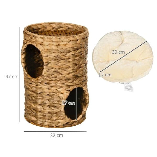 Rootz Cat Tower - Skrapstolpar - Kattgrotta med 2 separata grottor - 1 liggyta - Vattenhyacint - Naturlig - 32L x 32W x 47H cm