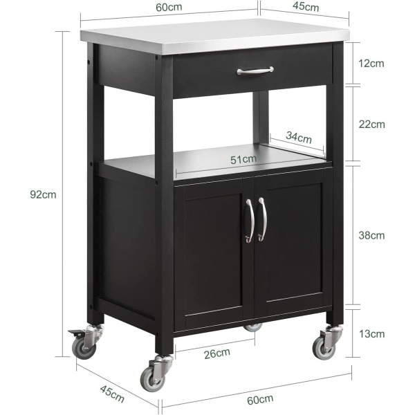 Rootz Modern Köksvagn - Vagn Förvaringsvagn - Serveringsvagnar - Köksskåp med bänkskiva i rostfritt stål