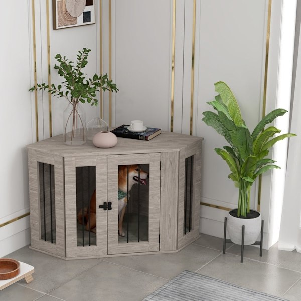 Rootz PawHut Dog Box - Snygg hundlåda - Säker husdjursbur - Modern design - Säker låsmekanism - Enkel åtkomst - 63H x 104L x 55W cm - Konstruerat trä
