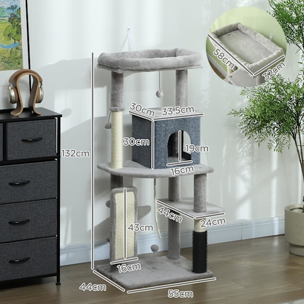 Rootz 52 "Cat Tree - Activity Scratching Post - Play Center - Sisal for Claw Care - 55L X 44W X 132H CM - Grå