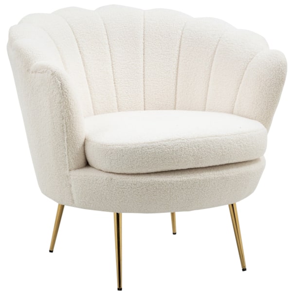 Rootz Shell -formad klädd stol - Relaxationsstol - Comfy fåtölj - Guldmetallben - Elegant & mysig - 79L x 77W x 77H cm - vitt tyg