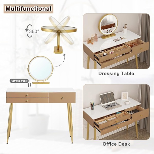 Rootz justerbart sminkbordsset - Sminkbord - Sminkbord - LED-spegel - Ergonomisk pall - Gott om förvaring - 100 cm x 122 cm x 40 cm