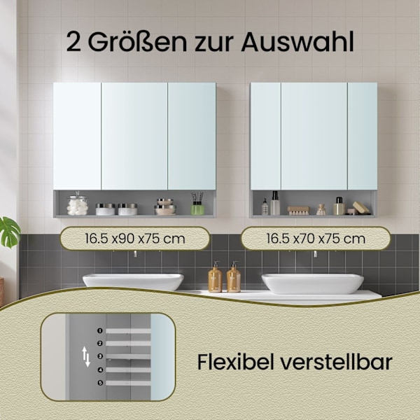 Rootz badeværelse skab med 3 døre - Mirror Cabinet - Badeværelsesopbevaring - Rumbesparende design - 16,5 cm x 70 cm x 75 cm