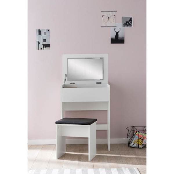 Rootz Toiletbord 60x81x40 cm Hvidt Konsolbord Træ Moderne - Kosmetikbord med skammel og spejl - Hvidt toiletbord med klaprum - Moderne make-up bord pi
