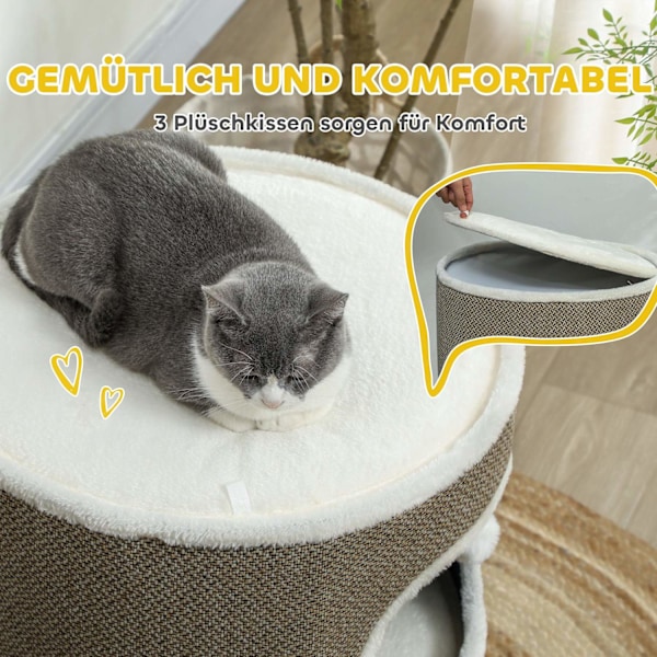 Rootz 3 Tier Cat Barrel With Cushion - Cat House - Cat Tower - Förbättra komforten - Ø51cm x 69 cm, brunvit