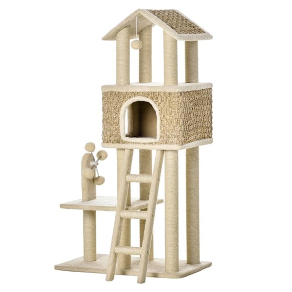 Rootz Skrapstolpe - Med kattgrotta - Katthus - Kattbur - Kattmöbler - Khaki/Beige/Kaffe - 69L x 40B x 131H cm