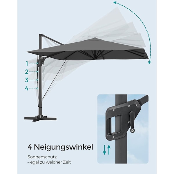 Rootz Parasol Cantilever paraply - Grå solskydd - Utomhustak - 360° rotation - 4 vinklar justering - UPF 50+ - Vattenavvisande - 200g/m² polyester - 3