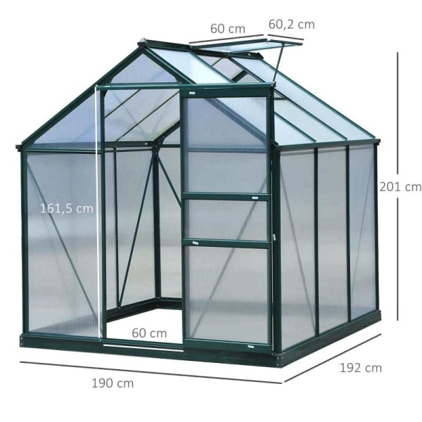 Rootz Greenhouse - Walk-in Mini Greenhouse - Med takfönster - Skjutdörr - Aluminiumlegering/PC Board - Grön/Transparent - 190 x 192 x 201cm